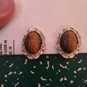 Vintage "Scarab" Brown and Silver Clip Earrings.
